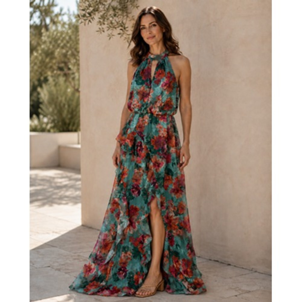 Adrianna Papell Maxi Dress Womens 4 Teal Floral Halter Ruffle Mermaid Satin Glam
